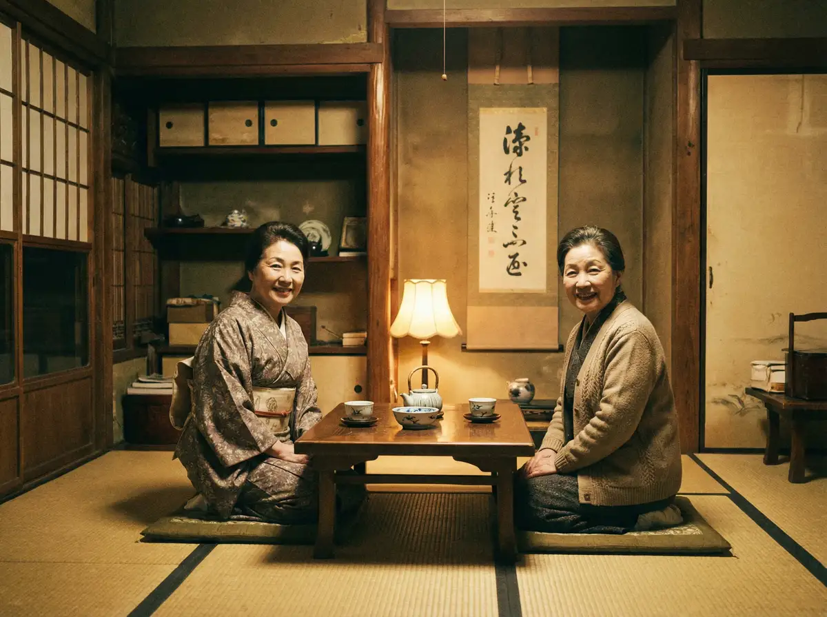 两位优雅的 妖精动漫 在日式茶室中品茶交谈